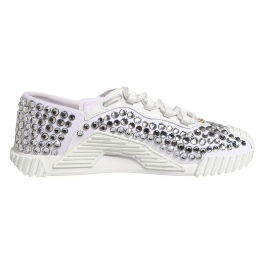 Dolce & Gabbana White NS1 Canvas Leather Embellished Sneakers Shoes with rhinestones, exclusive craftsmanship, side view.