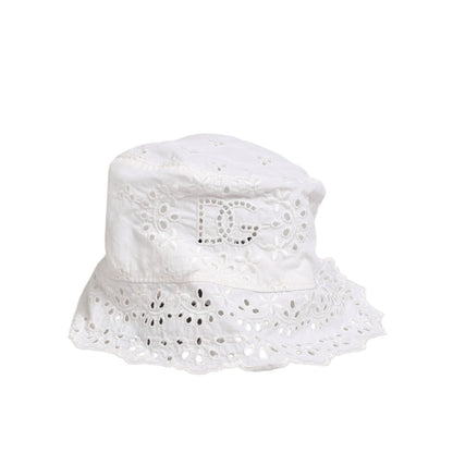 Dolce & Gabbana White Nylon Cut Out Bucket Logo Capello Hat with floral accents and logo detailing on a white background.