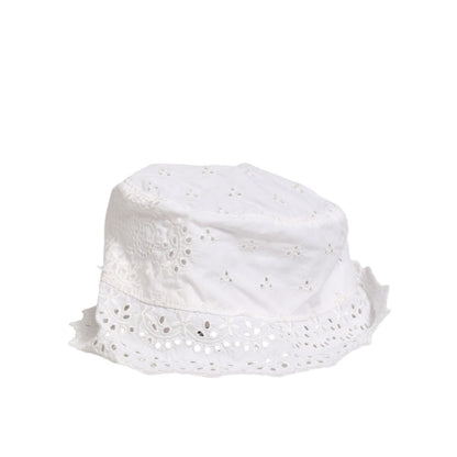 Dolce & Gabbana White Nylon Cut Out Bucket Logo Capello Hat featuring eyelet design and scalloped edges.