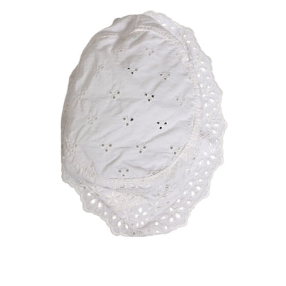 Dolce & Gabbana White Nylon Cut Out Bucket Logo Capello Hat featuring elegant cut-out design on top view with lace border.