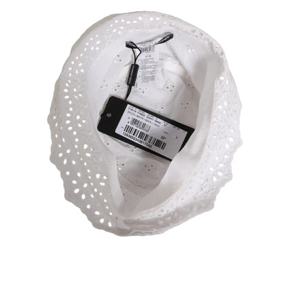 Interior view of Dolce & Gabbana White Nylon Cut Out Bucket Logo Capello Hat with tags, showcasing the intricate cut-out design.