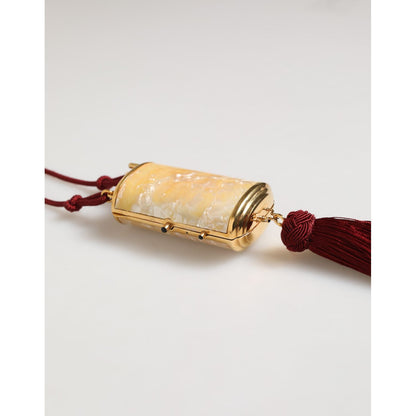 Dolce & Gabbana White Pearl Resin Gold Metal Red Tassel Pendant Bag