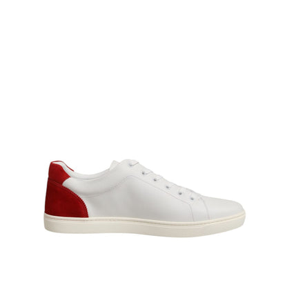 Dolce & Gabbana White Red Leather Low Top Men Sneakers Shoes with lace-up closure and rubber sole, crafted from premium calf leather.