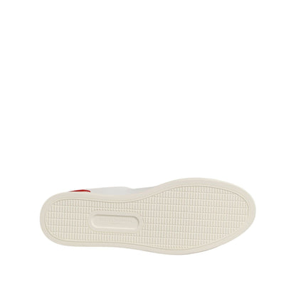 Sole view of Dolce & Gabbana White Red Leather Low Top Men Sneakers Shoes showing textured rubber bottom design.