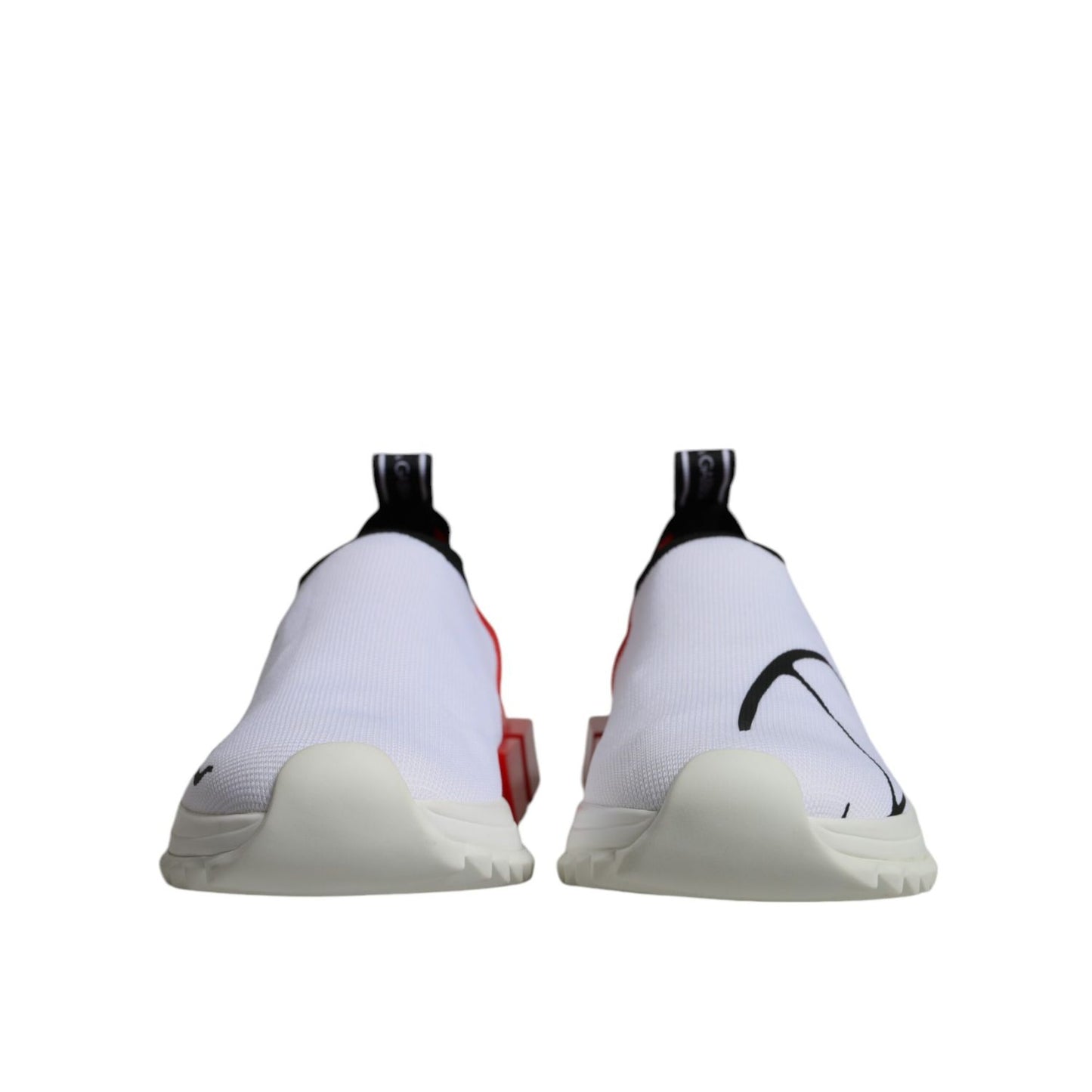 Front view of Dolce & Gabbana White Red Low Top Sorrento Men Sneakers Shoes, showing minor stain on left shoe, exclusive design.