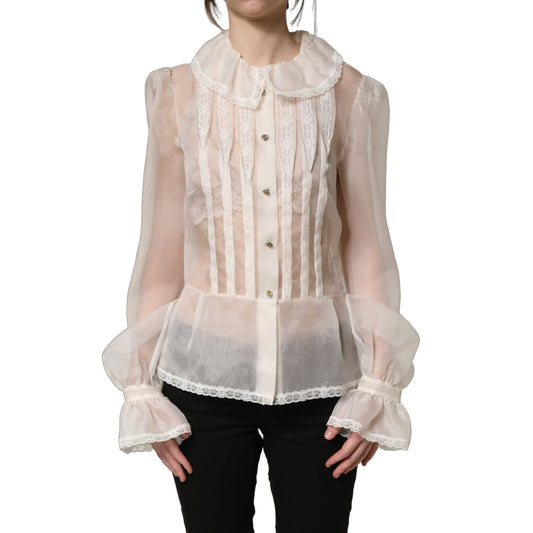 Dolce & Gabbana White Ruffled Sheer Silk Buttoned Blouse Top