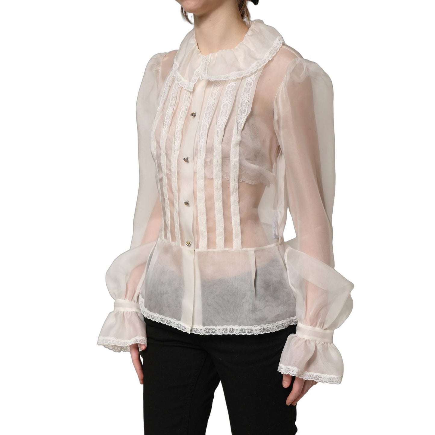 Dolce & Gabbana White Ruffled Sheer Silk Buttoned Blouse Top