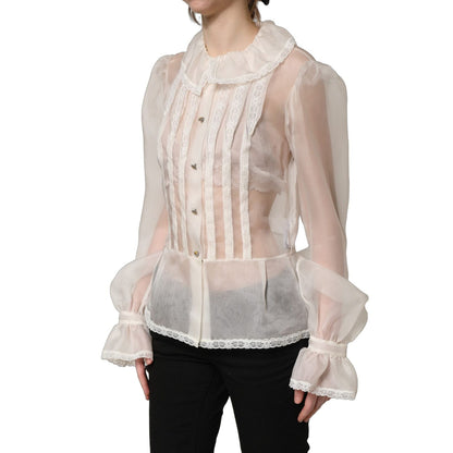 Dolce & Gabbana White Ruffled Sheer Silk Buttoned Blouse Top