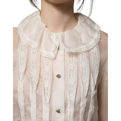Dolce & Gabbana White Ruffled Sheer Silk Buttoned Blouse Top
