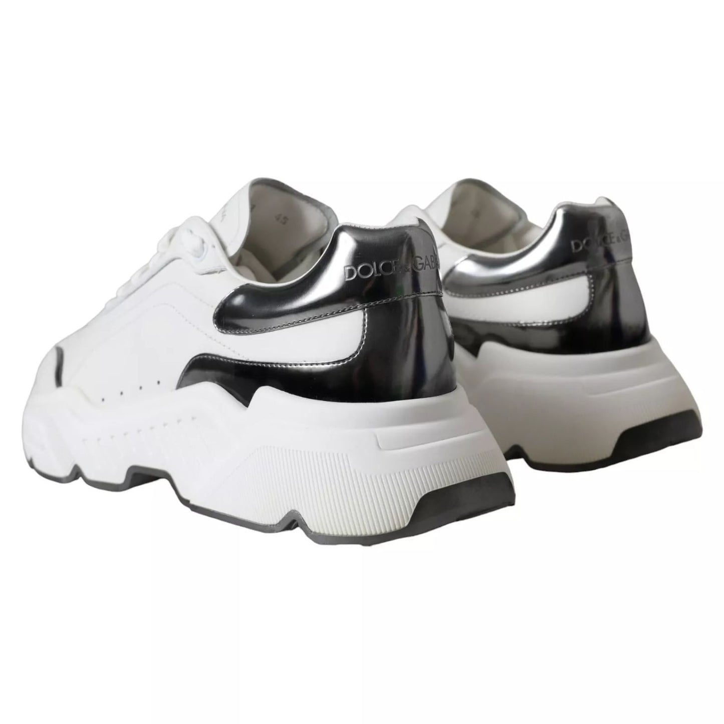Dolce & Gabbana White Silver Leather Sport DAYMASTER Sneakers with logo details, showcasing minor heel miscoloration. Made in Italy.
