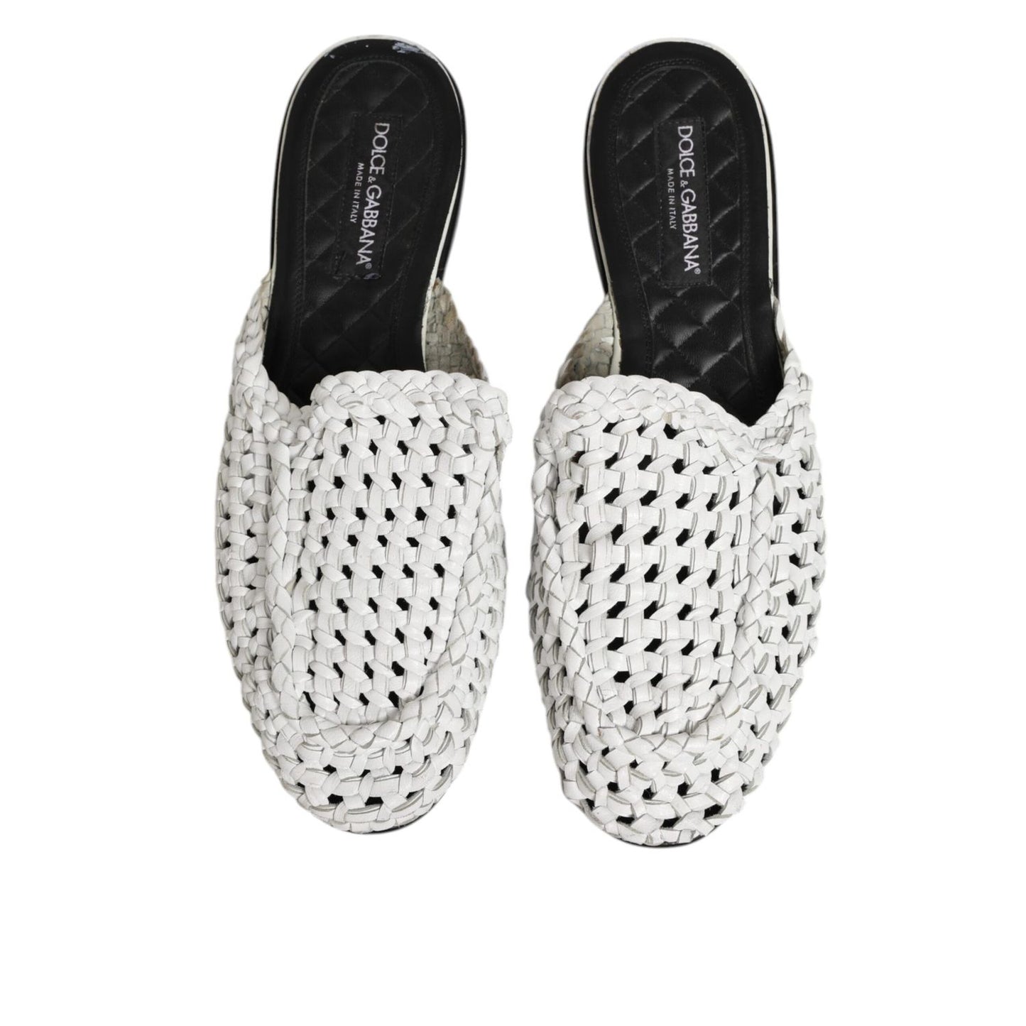 Dolce & Gabbana White Woven Slides MULES Men Sandals Shoes with open-toe design and woven pattern, made from goat and calf leather.