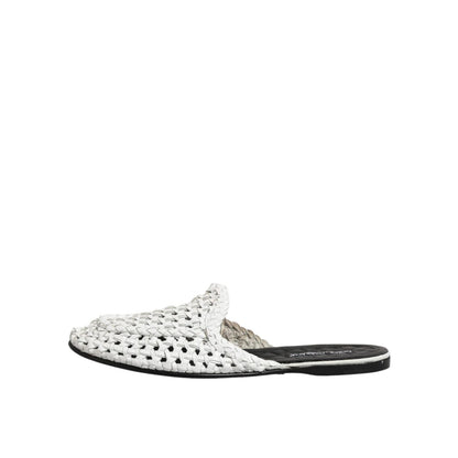 Dolce & Gabbana White Woven Slides MULES Men Sandals Shoes with goat leather and woven design, chic slip-on style, side view.