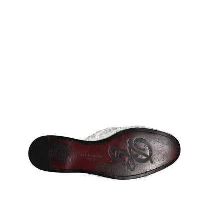 Sole view of Dolce & Gabbana White Woven Slides MULES Men Sandals Shoes showcasing logo details.