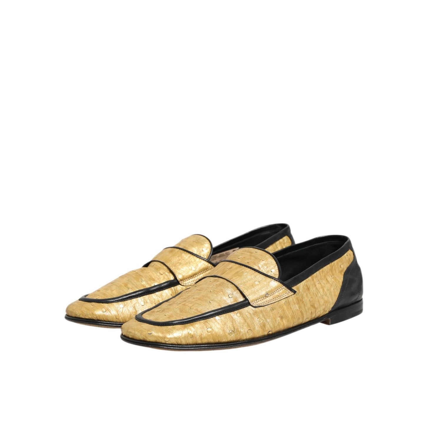 Dolce & Gabbana Yellow Black Leather Slip On Loafers Shoes, luxurious Italian design, premium ostrich and calf leather, high-fashion footwear.