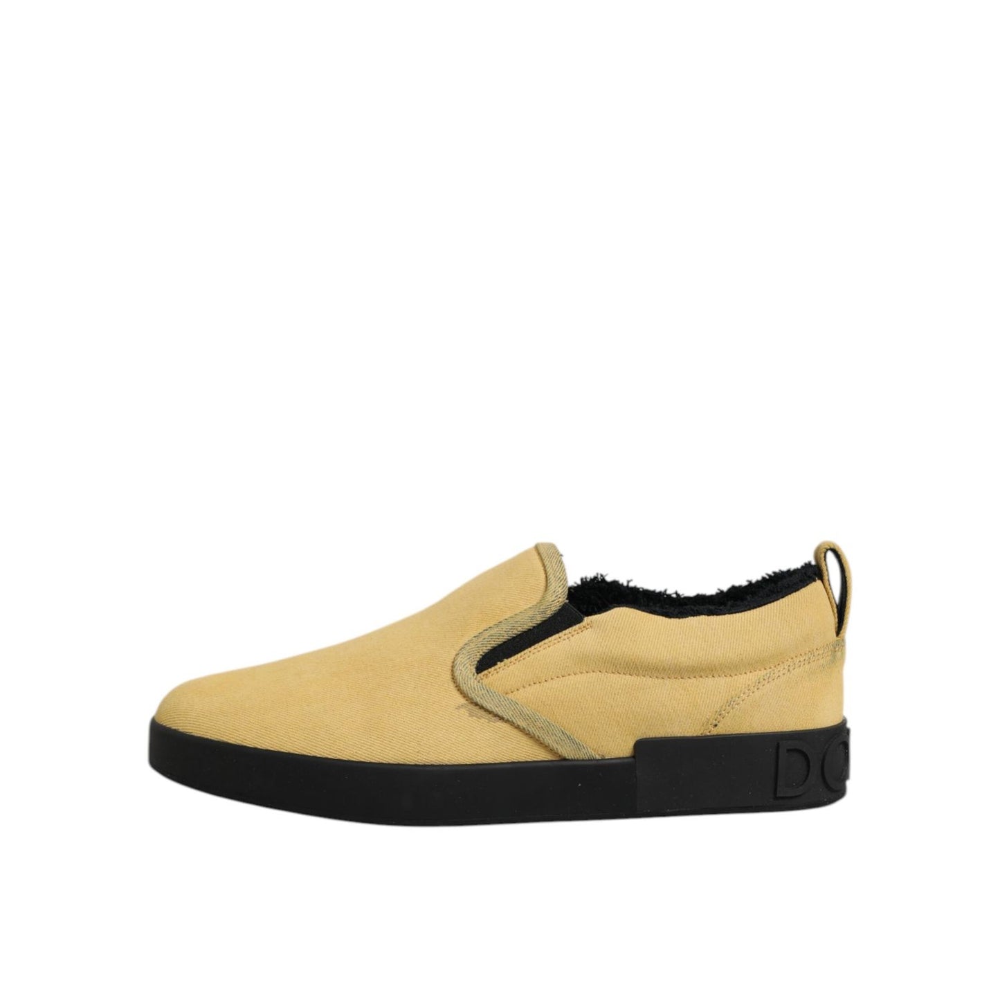 Dolce & Gabbana Yellow Cotton Low Top Slip On Sneakers Shoes with black rubber sole, featuring a comfortable and breathable design.