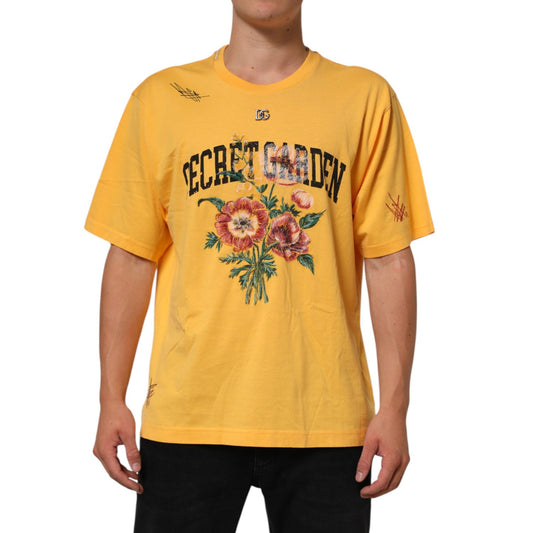Dolce & Gabbana Yellow Secret Graden Floral Cotton CrewNeck T-shirt featuring floral print and crew neckline modeled.
