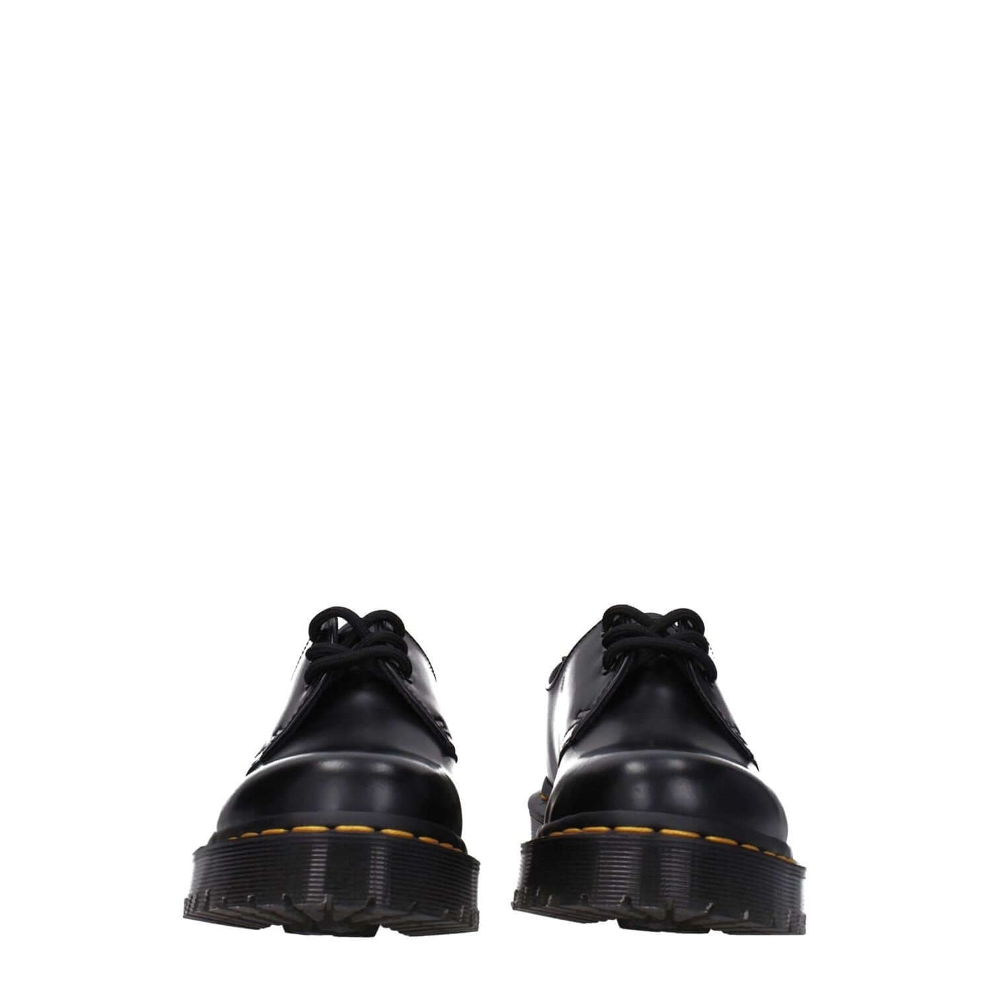 Front view of Dr. Martens Black Leather Oxfords And Derbies, casual lace-up shoes with mid heels and rubber sole.