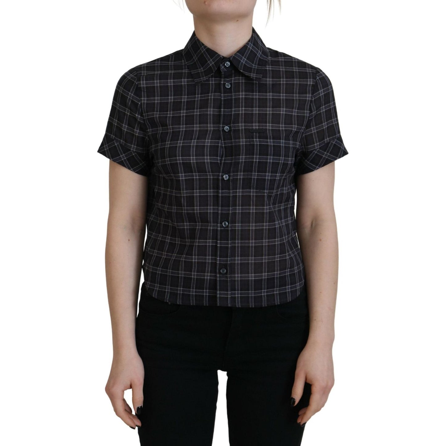 Dsquared² Black Checkered Collared Button Short Sleeves Top 1728,67345645728,Black,Clothing,Dsquared²,IT38 | XS,Material: 100% Cotton,Preowned / Defect,T-Shirts - Clothing,T-Shirts - T-Shirts - Clothing,Tops & T-Shirts - Women - Clothing,Women