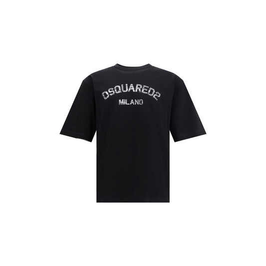 Dsquared² Black Cotton T-Shirt with ribbed crew neck and contrasting monogram print for a stylish casual look.