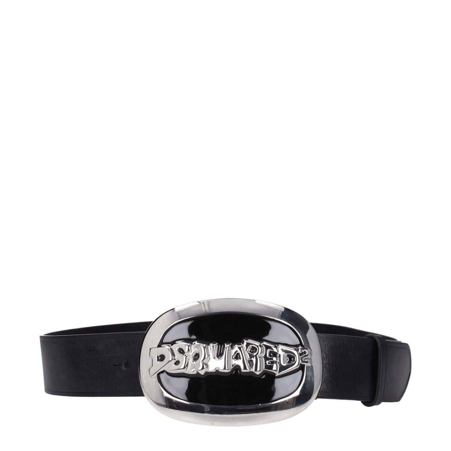 Dsquared² Black Leather Belt with vintage effect, silver front logo, and hook closure.