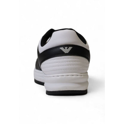 Back view of EA7 Emporio Armani Black And White Polyester Athletic Sneakers showcasing design details.