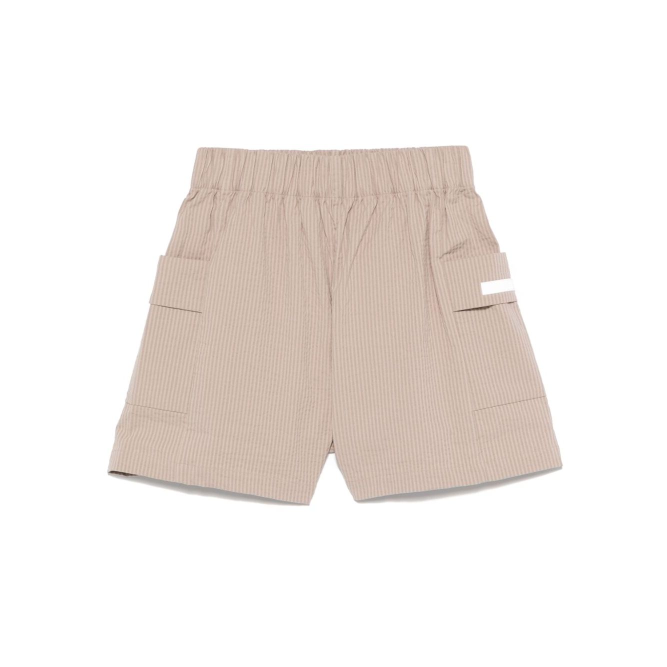 EA7 Shorts Beige with elastic waistband, side patch pockets, logo patch, in desert rat brown cotton.
