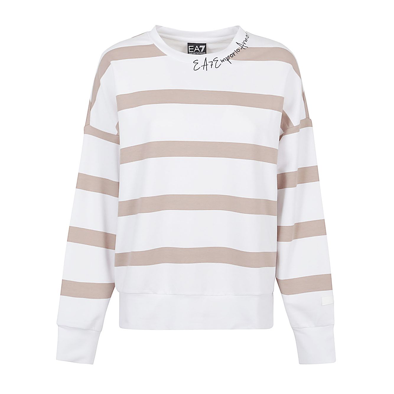 EA7 Sweaters Beige - Stretch cotton crew-neck sweatshirt with beige stripes and EA7 logo, suitable for everyday wear.