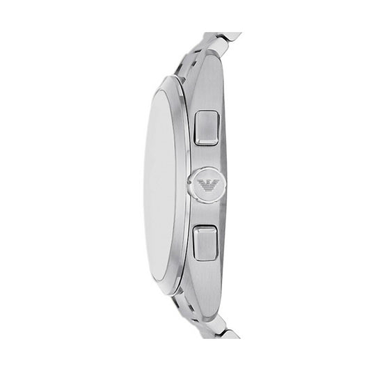 Side view of EMPORIO ARMANI MOD. AR11480 Gent wristwatch with stainless steel case and quartz movement, shown in official packaging.