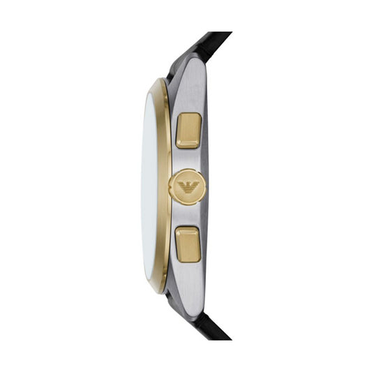 Side view of EMPORIO ARMANI MOD. AR11498 showcasing stainless steel case and leather strap
