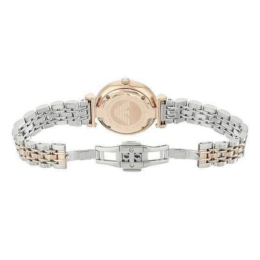 Back view of EMPORIO ARMANI MOD. AR1926 watch with silver and rose gold bracelet.