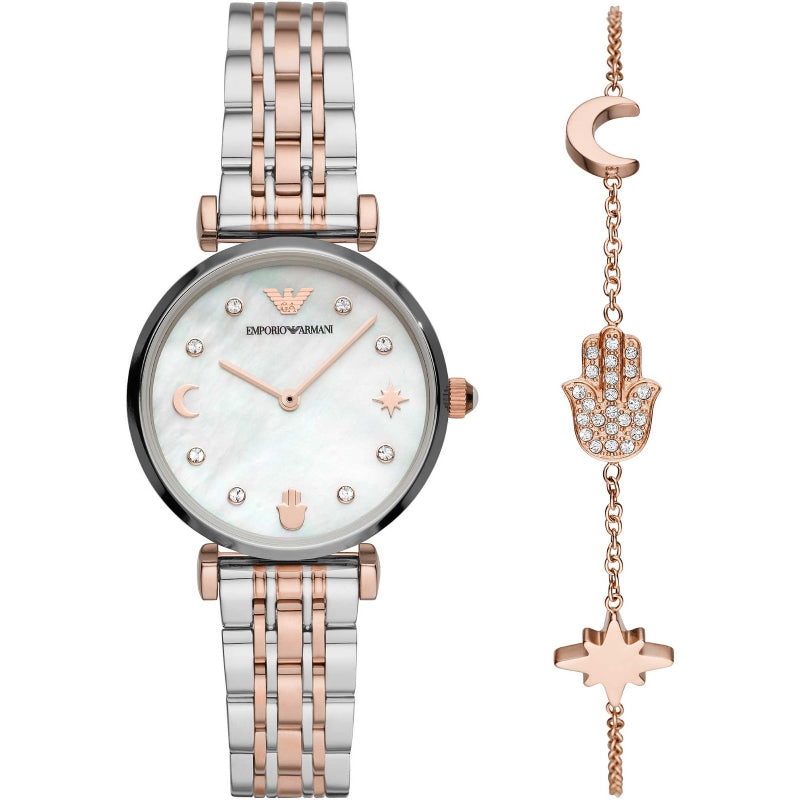 EMPORIO ARMANI MOD. GIANNI Set + bracelet, 32mm lady wristwatch with special packaging, featuring crystal accents and elegant design.