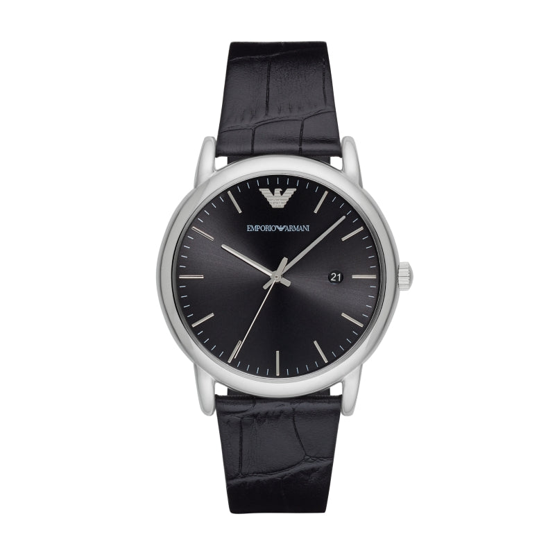 EMPORIO ARMANI Mod. AR2500 luxury men's watch with black leather strap and elegant silver case, featuring a minimalist design.