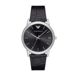 EMPORIO ARMANI Mod. AR2500 luxury men's watch with black leather strap and elegant silver case, featuring a minimalist design.