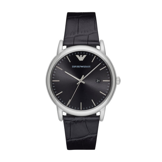 EMPORIO ARMANI Mod. AR2500 luxury men's watch with black leather strap and elegant silver case, featuring a minimalist design.