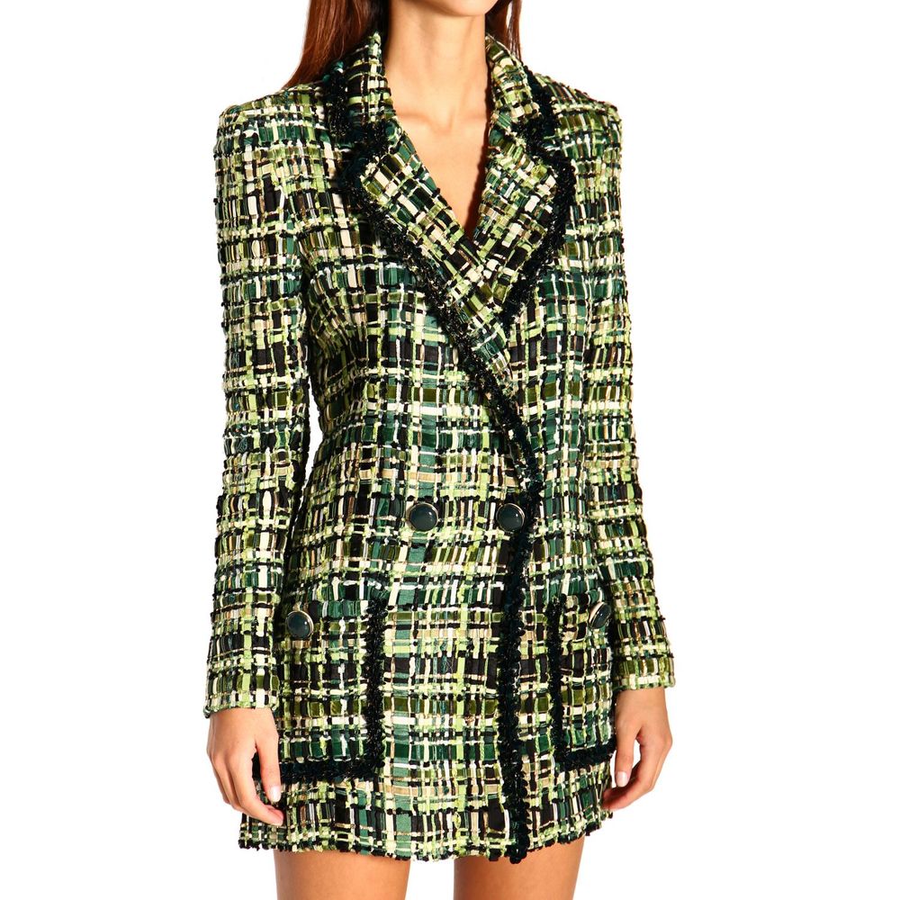 Elisabetta Franchi Green Viscose Women Blazer in checkered pattern, showcasing elegant tailoring and button details.
