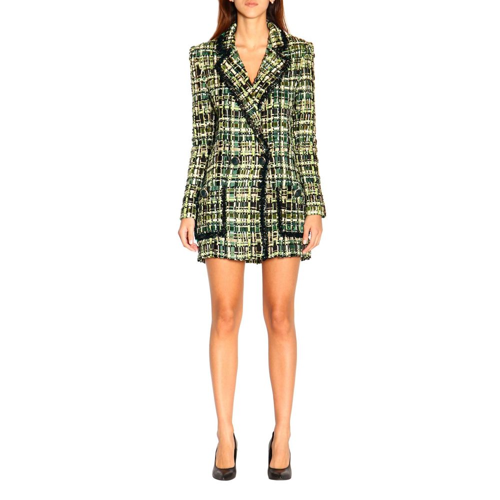 Woman modeling Elisabetta Franchi Green Viscose Women Blazer with classic design and front button closure.