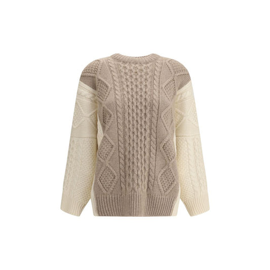 Ella Cream Cashmere Cashmere Sweater with a two-tone cable-knit design and ribbed crewneck, perfect for winter fashion.