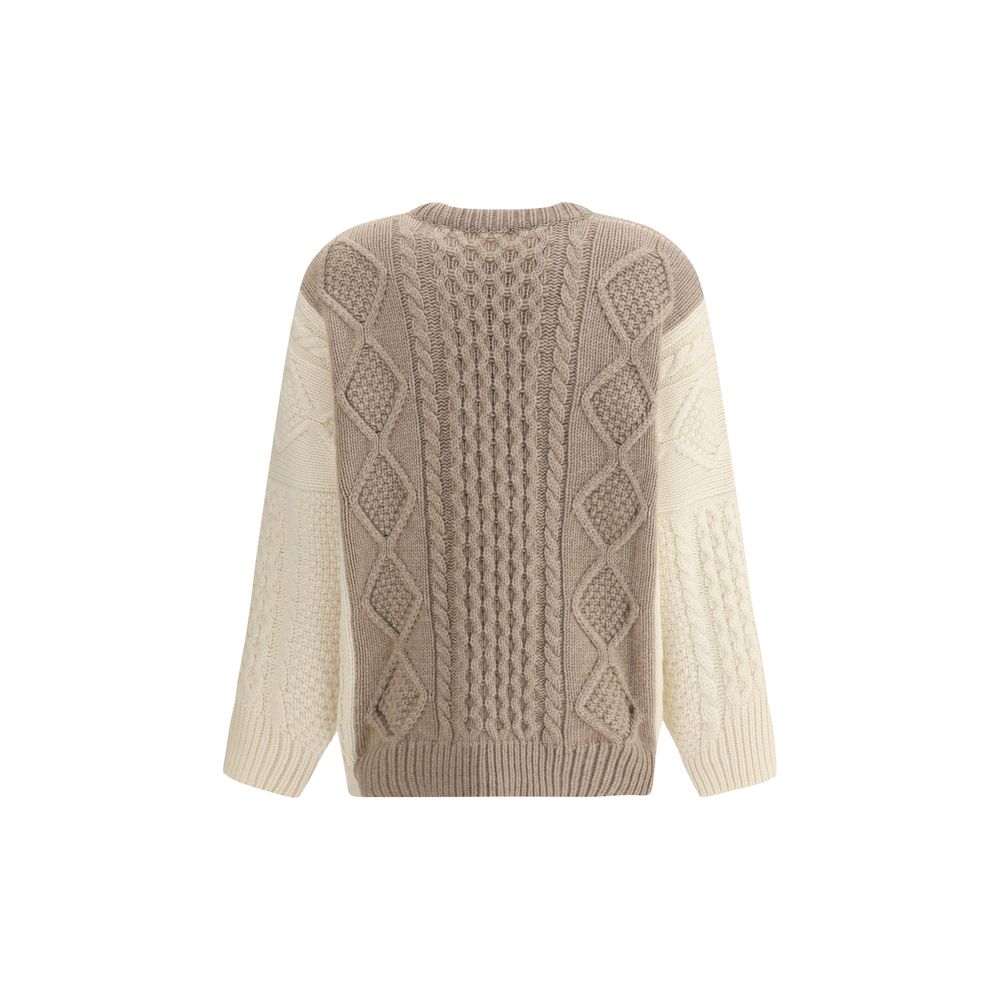 Back view of Ella Cream Cashmere Cashmere Sweater, featuring a two-tone cable-knit design and ribbed accents, made in Italy.