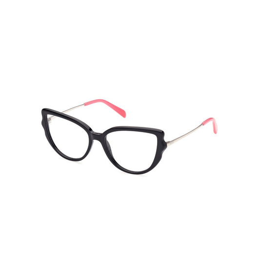 Emilio Pucci Black Acetate Frames with cat-eye shape and pink temple tips, model EP5192-54001, size 54/16/140 mm.