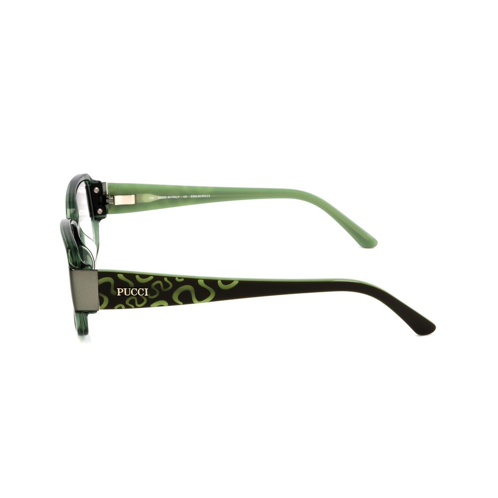 Side view of Emilio Pucci Olive Plastic Frames with unique design and branding, showcasing sleek green temples and distinctive details.