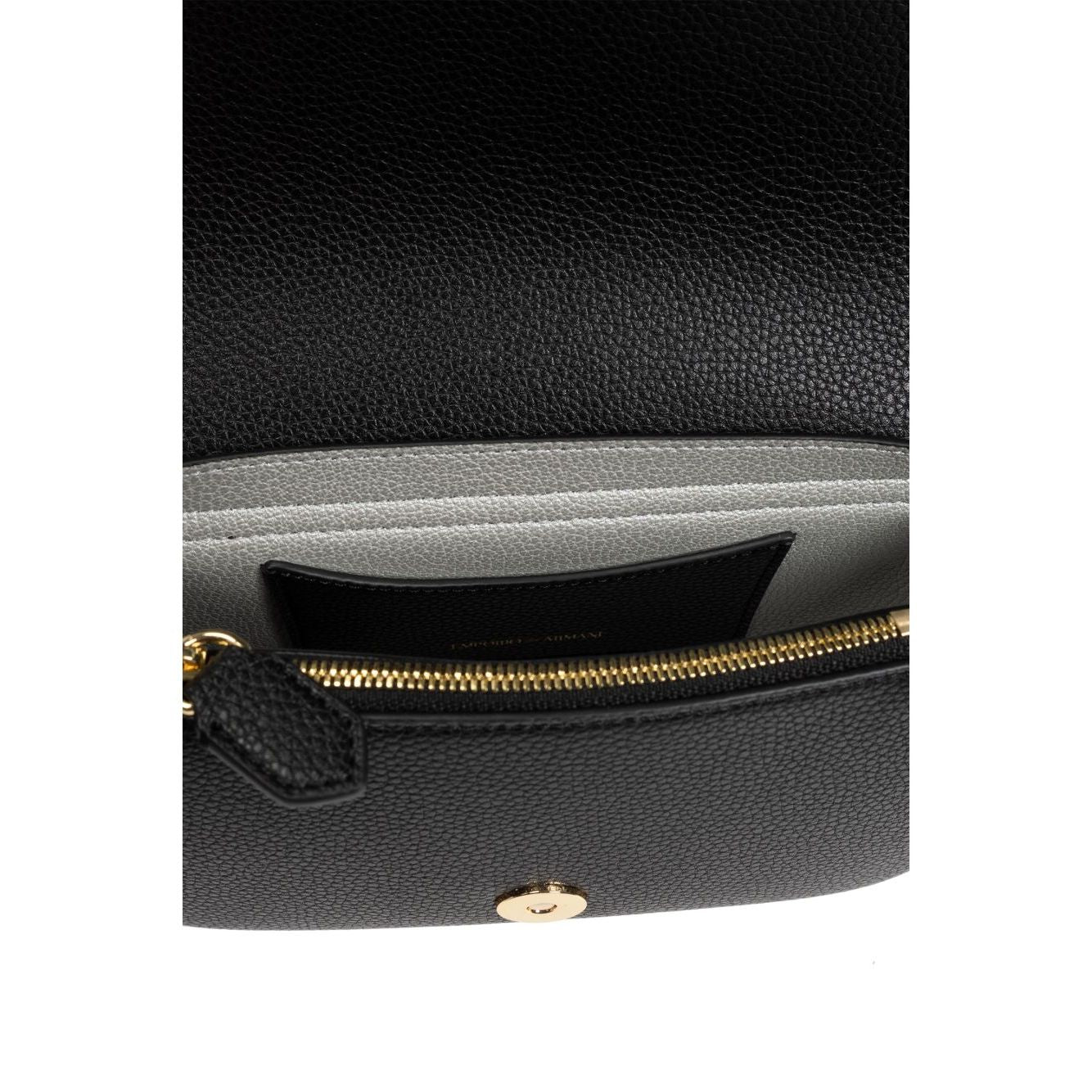 Interior view of Emporio Armani Crossbody mini bag with black logo-print strap, gold-tone hardware, and magnetic fastening.