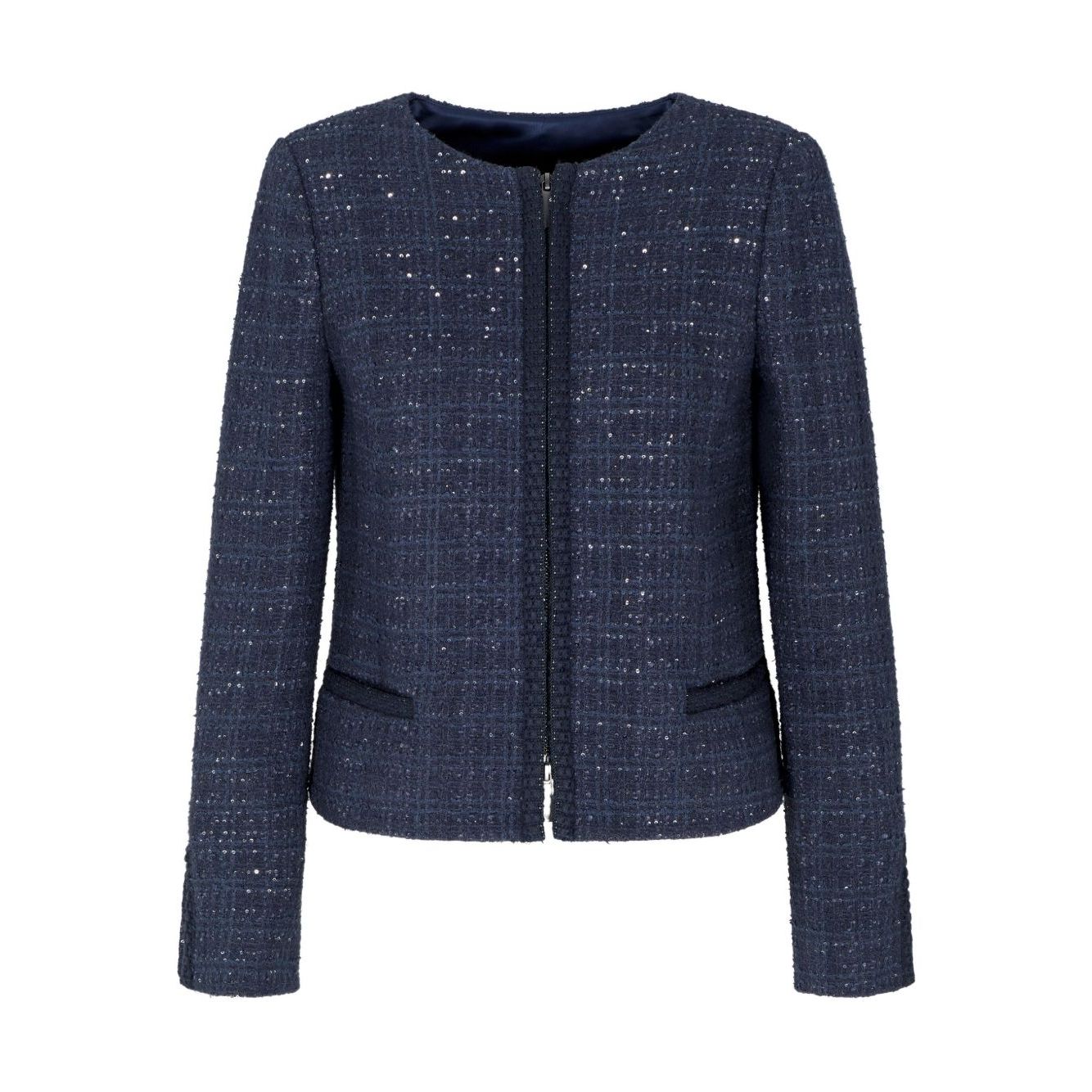 Emporio Armani Jackets Blue - navy blue sequin embellishment, tweed texture, wool blend blazer, front zip fastening, long sleeves.