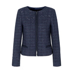 Emporio Armani Jackets Blue - navy blue sequin embellishment, tweed texture, wool blend blazer, front zip fastening, long sleeves.