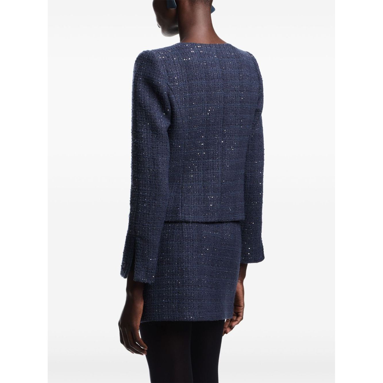 Emporio Armani Jackets Blue navy blue sequin embellishment tweed texture blazer with long sleeves and slit cuffs.
