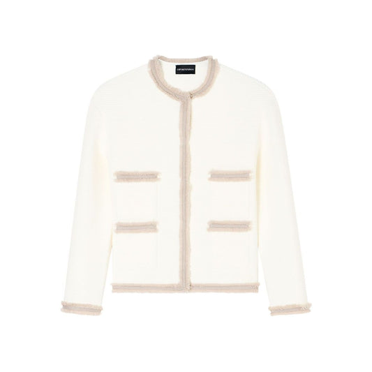 Emporio Armani Jackets White with fringe trim and welt pockets, round neck crewneck blazer.