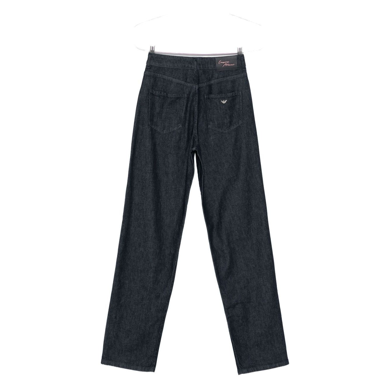 Emporio Armani Jeans Blue wide-leg denim with embroidered logo, five pockets, and straight leg, showcasing the back design.