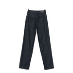 Emporio Armani Jeans Blue wide-leg denim with embroidered logo, five pockets, and straight leg, showcasing the back design.