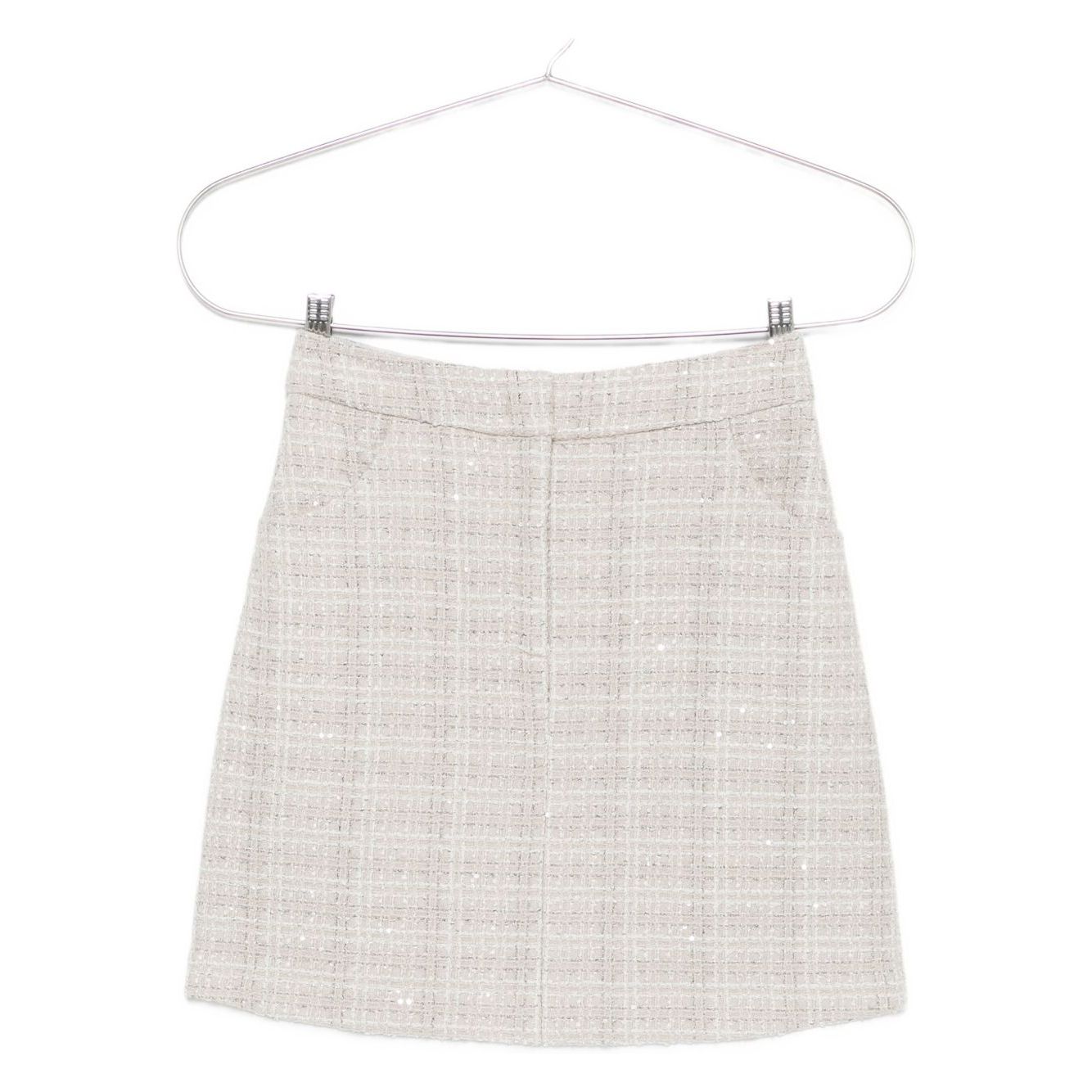 Emporio Armani Skirts Grey, light grey tweed mini skirt with check pattern and sequin embellishment, A-line shape, wool blend.