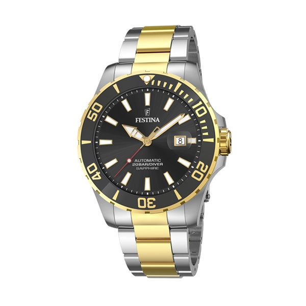 FESTINA WATCHES Mod. F20532/2 with a black and gold design, featuring a stainless steel band and luminous markers.