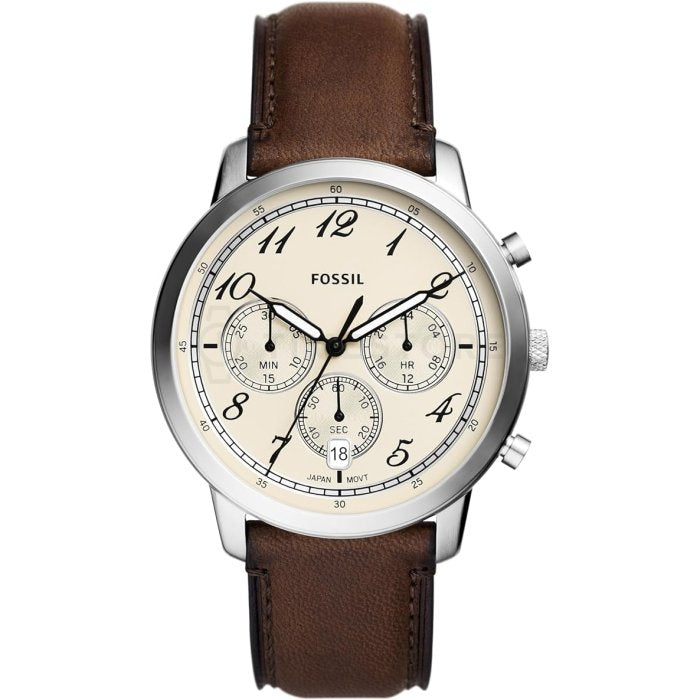 FOSSIL Mod. NEUTRA wristwatch with brown leather strap and stainless steel case, featuring chronograph and date functions.